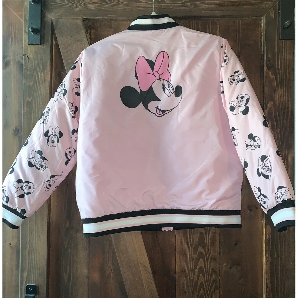Disney Minnie Mouse Youth 14-16 Pink Satin Bomber Jacket Zip‎ Up Quilted Inside